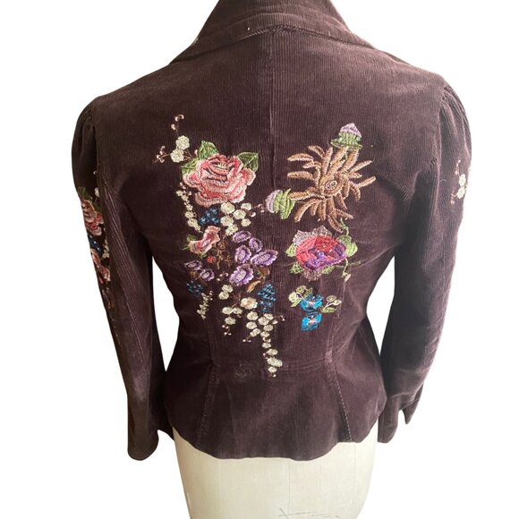 Y2K corduroy floral embroidered dark brown True Meaning blazer jacket - Picture 8 of 16